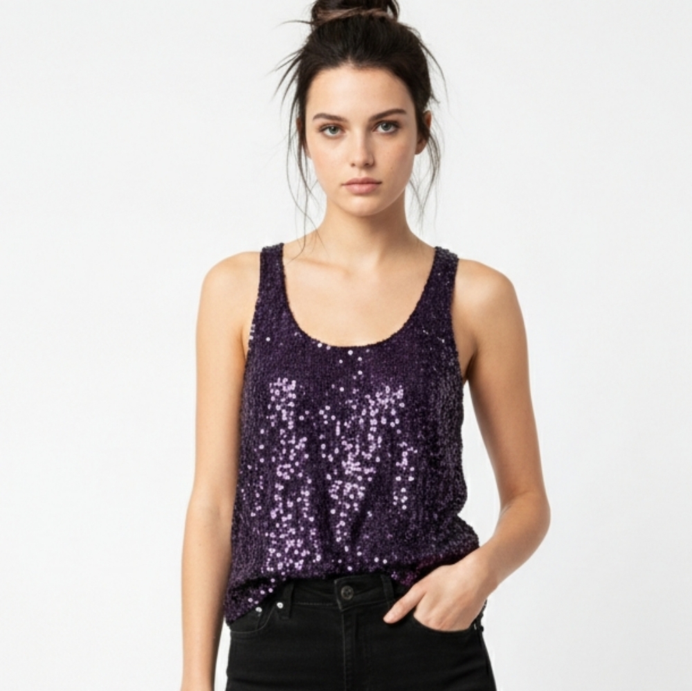 Material Girl Y2K Tank Purple Sequin Club Glam Bling Party Layering M